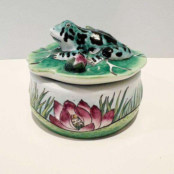 VTG Frog Lily Pad Trinket Box Ceramic Lotus Flower - Picture 1 of 10